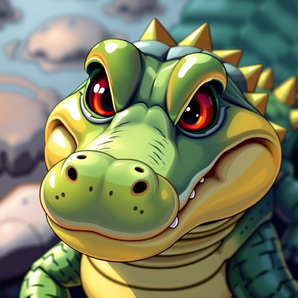 Create a highly detailed, vibrant illustration of a cartoon crocodile with exaggerated features and a glossy texture, captured in a close-up view using a DSLR camera, f/2.8 aperture, 50mm lens, with natural lighting to enhance colors and textures.