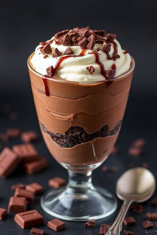Create a rich and decadent chocolate dessert layered in a glass bowl featuring creamy chocolate mousse alternating with layers of whipped cream and chocolate chunks topped with chocolate shavings and a drizzle of chocolate sauce surrounded by pieces of chocolate and a spoon on a dark background.