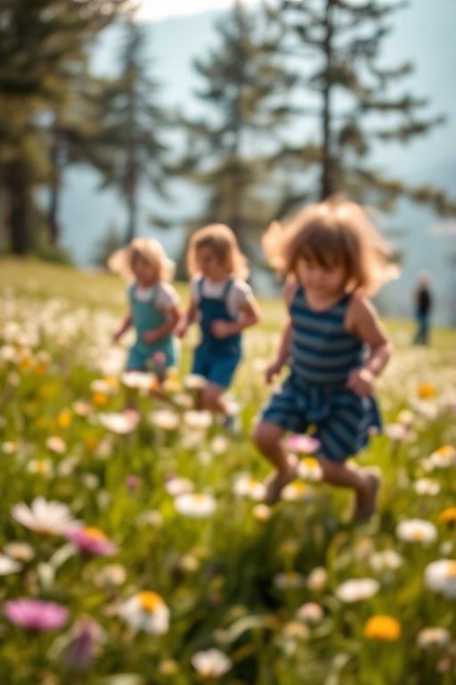 Blurry candid photo of children playing in a field of wildflowers, soft light filtering through the surrounding trees, with distant mountains barely visible through the haze.