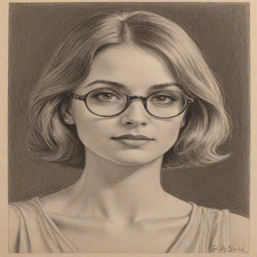 Lovely Freddie Prinze Jr., pencil sketch, portrait of Resplendent woman 1924s in glasses, hair style beatnik, outline, clear lines, fine lines, 8k