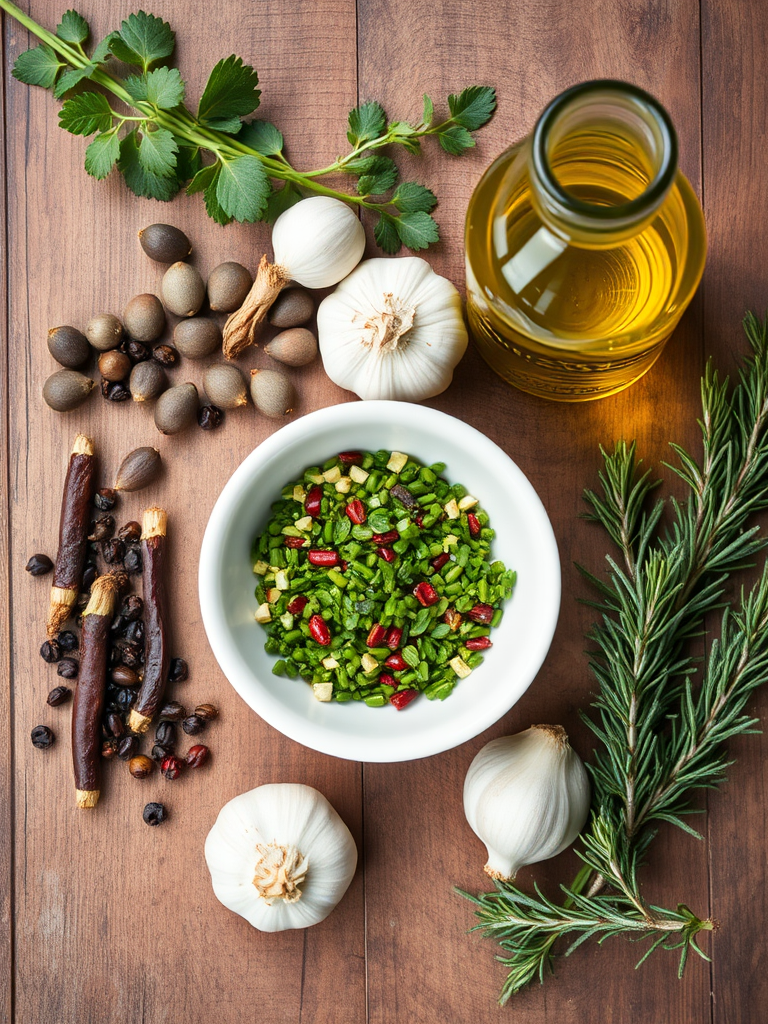 A flat lay composition of assorted herbs, including chopped herbs in a white bowl, garlic, various peppercorns, green olive oil in a glass jar, fresh rosemary, and sage on a rustic wooden surface, captured with a DSLR camera using a 50mm lens, aperture f/2.8, ISO 200, and natural lighting for enhanced detail and clarity.
