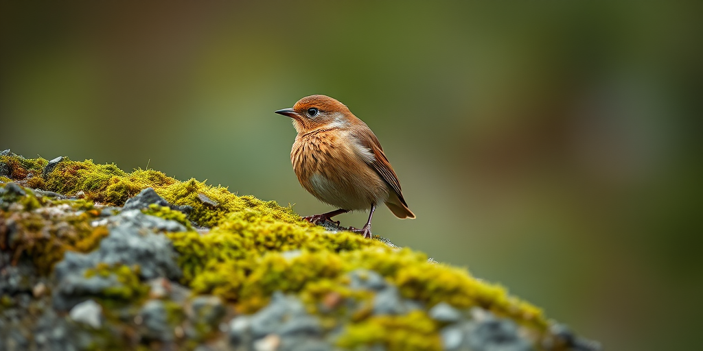 Capture a close-up of a brown bird perched on a moss-covered rock in a soft-focus natural environment, using a Canon EOS R5 camera with a 85mm f/1.4 lens at ISO 100, aperture f/2.8, shutter speed 1/250s, in natural light with a slightly blurred background to emphasize the subject.