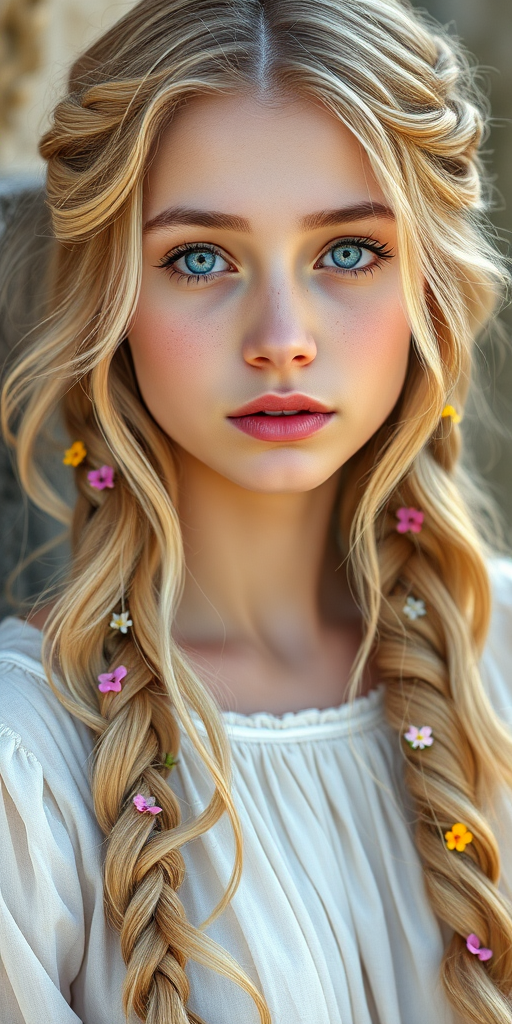 Create an image of a young Sephardic woman with long, wavy blonde hair, adorned with small, colorful flowers woven into her braids and loose strands. Her complexion is fair, with soft, glowing skin, and she has light blue eyes that gaze softly at the viewer. She wears a light, flowing dress with a gentle, ethereal quality, complementing her delicate and serene appearance. The background is slightly blurred, drawing focus to her tranquil expression and the intricate details of the flowers in her hair. The overall mood of the image is one of natural beauty and grace, evoking a sense of peacefulness and connection with nature.