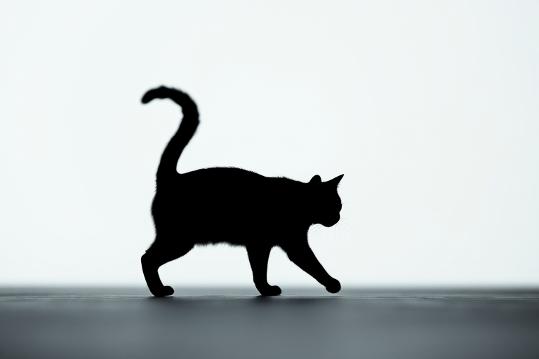 Generate a high-resolution image of a minimalist black silhouette of a cat walking, captured with a DSLR camera, aperture set to f/2.8, ISO 100, shutter speed 1/500s, using a shallow depth of field and a soft bokeh background.