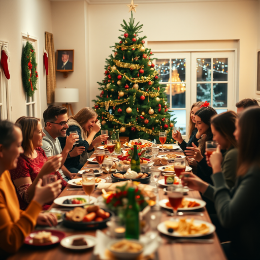 Create a festive holiday gathering scene with a decorated Christmas tree, a long table filled with traditional foods, joyful people celebrating with drinks and laughter, set in a cozy indoor environment, captured with a DSLR camera at f/4 aperture, ISO 100, 50mm lens in soft focus style.