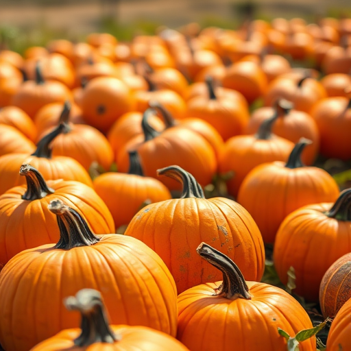 Generate an image of a pumpkin patch with various sizes of vibrant orange pumpkins, captured in bright daylight with a shallow depth of field, using a DSLR camera at f/2.8, ISO 200, 1/500s shutter speed, wide-angle lens, and vibrant color settings for enhanced contrast and clarity.