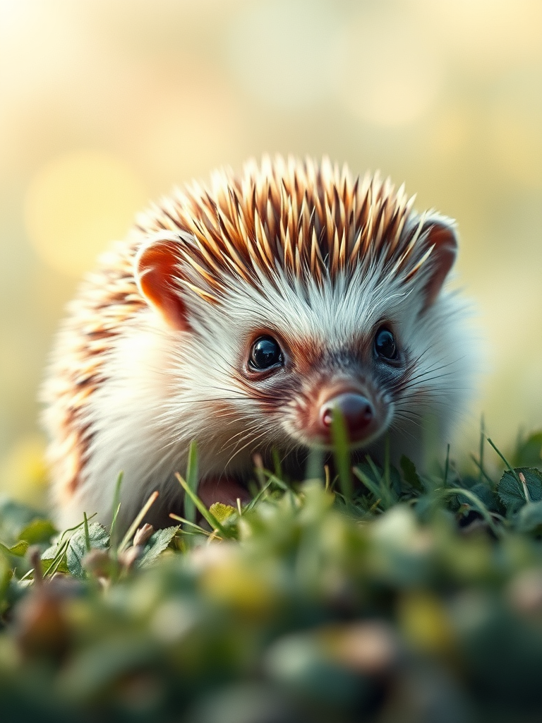 Create a high-resolution image of a hedgehog in a dreamy watercolor style, shot with a Canon EOS R5 at f/1.8, ISO 100, 50mm lens, with a shallow depth of field and soft focus background.