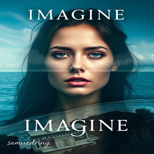 imagine Book cover, A surreal double exposure portrait that blends a woman's face with a beautiful seascape. The overall mood is dreamy and mystical, with rich colors and intricate details