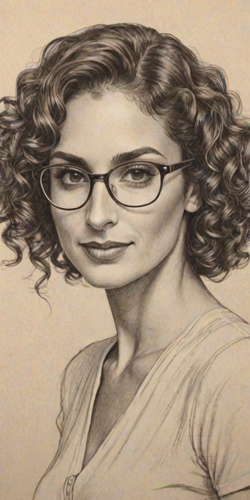 Attractive Melina Kanakaredes, pencil sketch, portrait of Delightful woman 1928s in glasses, hair style beatnik, outline, clear lines, fine lines, 8k