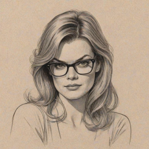 Charming Missi Pyle, pencil sketch, portrait of Resplendent woman 1974s in glasses, hair style beatnik, outline, clear lines, fine lines, 8k