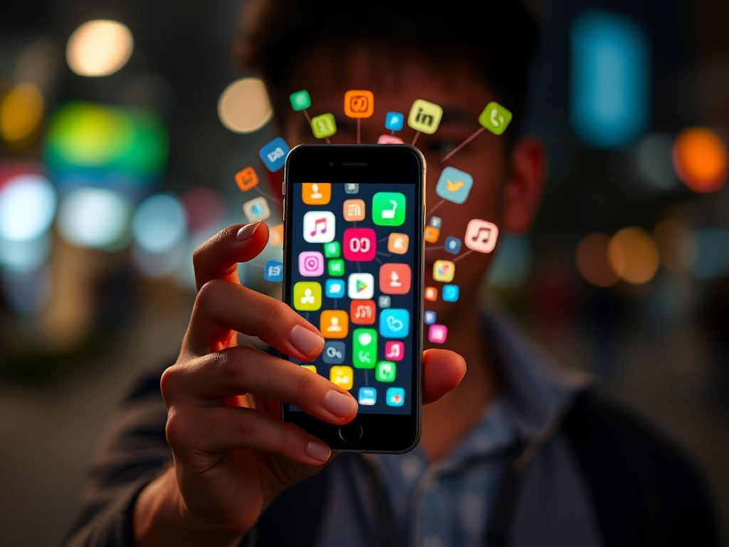 Create a vibrant image of a person holding a smartphone with colorful icons and symbols emanating from the screen, using a Canon EOS R5 camera, aperture f/2.8, ISO 100, shutter speed 1/60, in a low-light setting with a shallow depth of field.