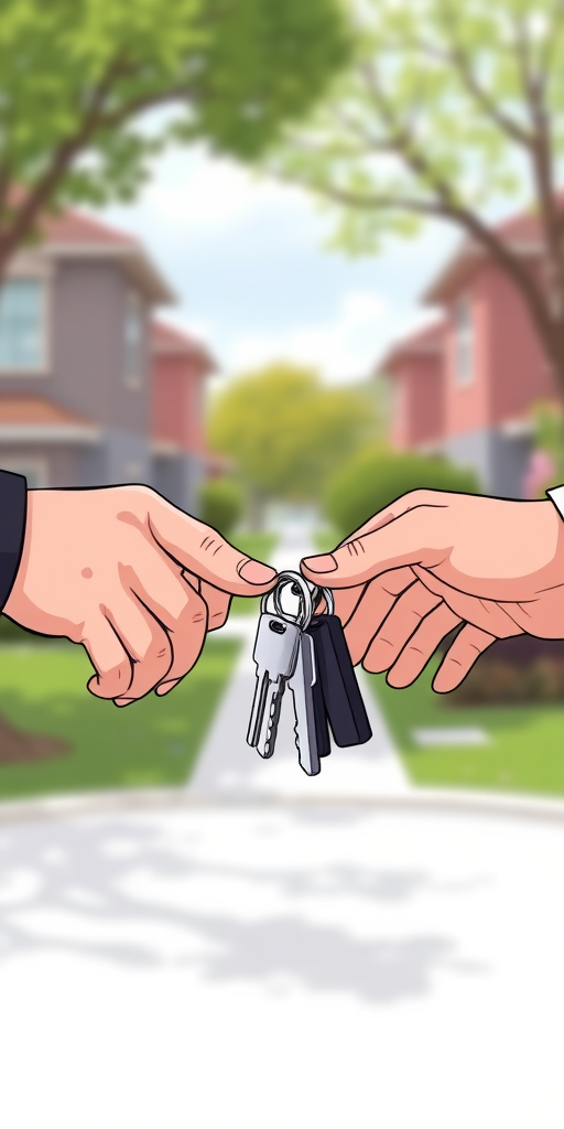 Create an illustration of two hands exchanging a set of keys in front of a blurred suburban background, using a 50mm lens, f/2.8 aperture, ISO 200, with a shallow depth of field to focus on the hands and keys while softening the background.