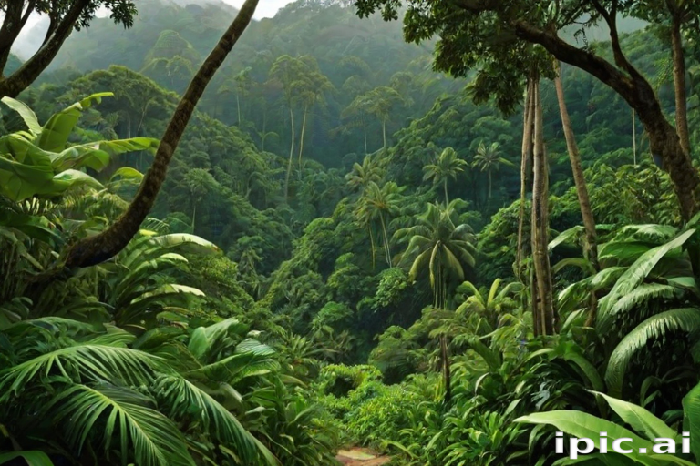 Vibrant Green Jungle Landscape with Towering Trees and Lush Foliage