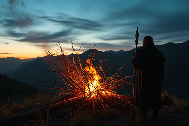 A mystical scene of a burning bush surrounded by mountains at dusk, featuring a figure with a staff observing, shot with a DSLR camera at f/4 aperture, ISO 200, 24mm focal length, using a wide angle lens for depth effect.