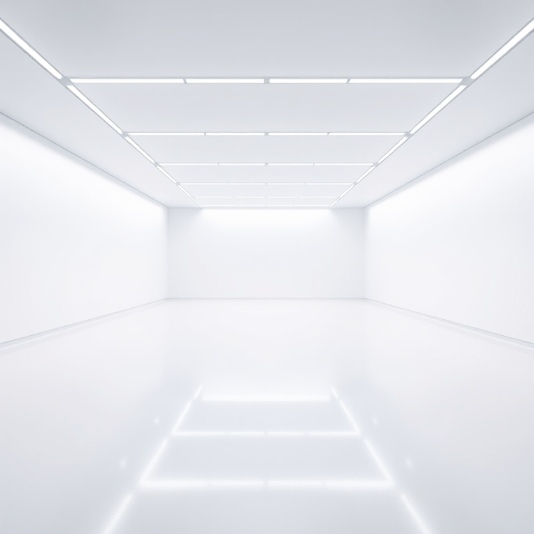 create a minimalist empty white room with linear ceiling lights evenly spaced, soft ambient lighting, captured with a Canon EOS R5 at f/8 aperture, ISO 100, 24mm lens in a wide-angle perspective for enhanced clarity and symmetry