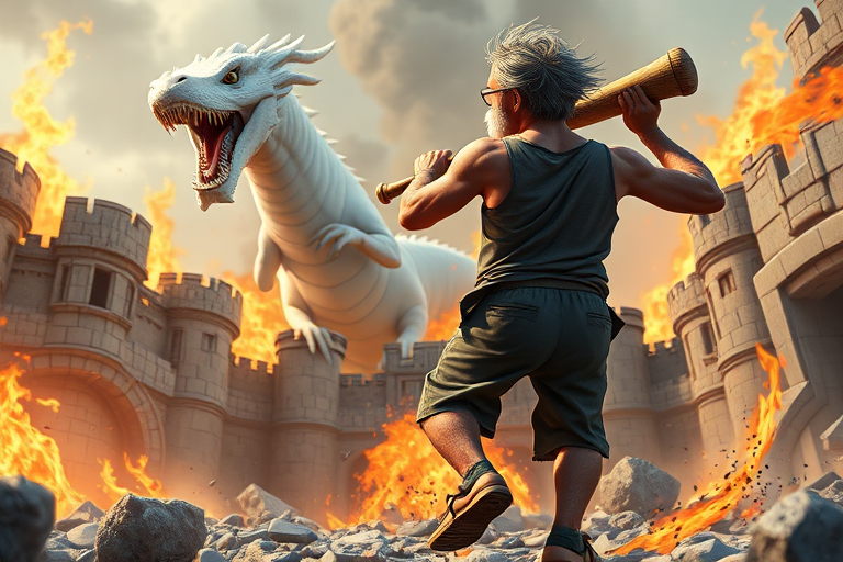 Cartoon 3D High-Resolution,dynamic battle scene using Unreal Engine 5 and Octane Render. The scene features back of an elderly, thai man with a beard,messy hair and round golden-rimmed glasses. He is wearing a tattered tank top with soot marks, shorts, and sandals. sweating. he wields a baseball bat. He jump to fight with a white fire-breathing Europe dragon amidst a partially destroyed stone castle. Include intense flames, smoke, and debris to enhance the dramatic effect.