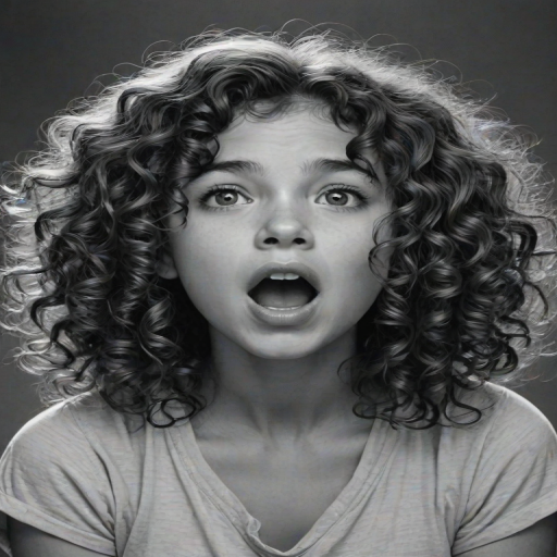 The image is a black and white illustration of a young girl with curly hair. She has a surprised expression on her face with her mouth open and her hands clasped together in front of her chest. Her eyes are wide and her eyebrows are furrowed. Her hair is styled in loose curls that are cascading down her back. The overall mood of the image is one of shock or surprise.