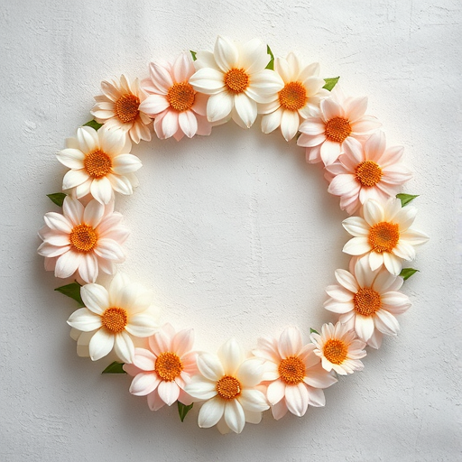 Create a circular floral design with a textured background featuring soft pastel colors, captured with a DSLR camera using a 50mm lens, aperture set to f/2.8 for a shallow depth of field, and a slight vignette effect to enhance visual focus.