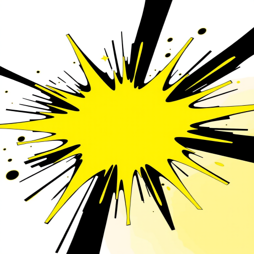 Create an explosion graphic with a bright yellow color and black edges, capturing a dynamic shape with sharp points, using a wide-angle lens at f/8 for depth of field, ISO 100 for clarity, and a high-resolution camera setting to enhance image quality.