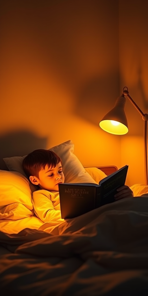 Warmly lit image of a father reading a bedtime story to his child, soft glow from a bedside lamp casting warm shadows on the walls, the smell of freshly washed linens filling the air, and a feeling of comfort and security.
