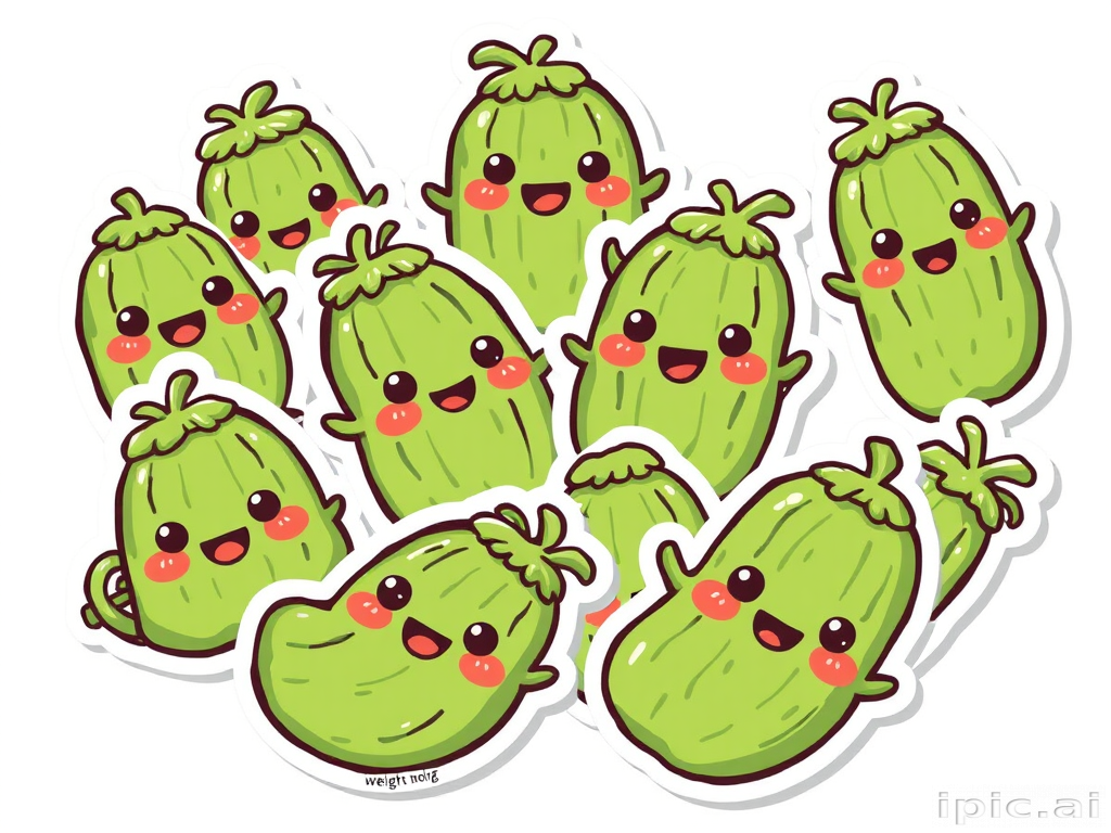 design a bunch of kawaii pickle stickers, 2d digital art, white background, sticker line weight