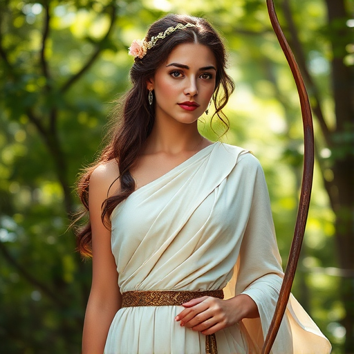 Create a portrait of a goddess-like Persian girl figure in a tranquil, forested environment. She has an elegant appearance with long, wavy hair styled in an updo and adorned with a delicate, floral headband. She wears a flowing, ancient Greek-inspired gown in a soft, pale color, featuring a one-shoulder design and draped fabric that accentuates her graceful form. The outfit includes a decorative belt with ornate gold detailing, and she holds a bow in her hand, with a quiver of arrows slung over her shoulder. The background depicts lush greenery, with sunlight filtering through the trees, casting a gentle, ethereal light on the scene. Her expression is calm and contemplative, embodying a sense of wisdom and serenity.