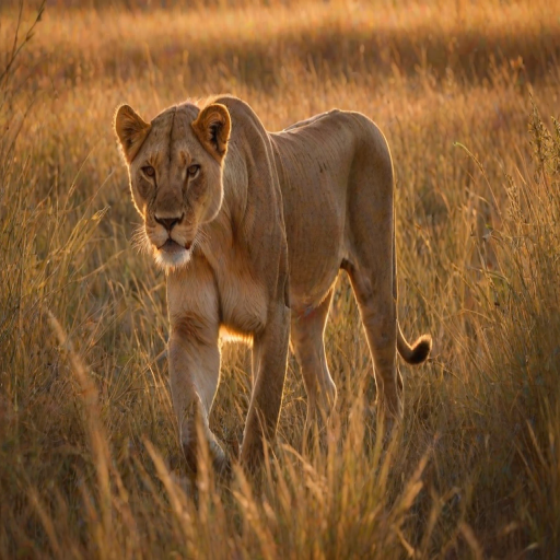 Sharp, detailed photo of a lioness walking through tall grass at sunset, soft golden light reflecting off her fur, distant acacia trees casting long shadows across the savannah.