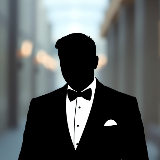 Create a high-quality vector illustration of a stylized black silhouette of a man with a suit and bow tie, with a blurred background, using a DSLR camera with a 50mm lens, aperture set to f/2.8 for shallow depth of field, ISO 100, and shot from an eye-level angle for optimal composition.