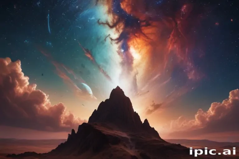 Majestic Mountain Under a Cosmic Sky Filled with Vibrant Galaxies
