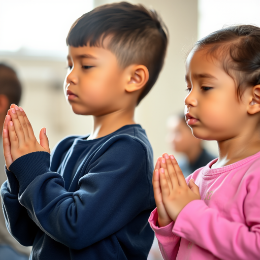 portrait of two children in prayer position side by side with soft focus background, natural light, 50mm lens, f/1.8 aperture, ISO 200, shallow depth of field, captured with a DSLR camera