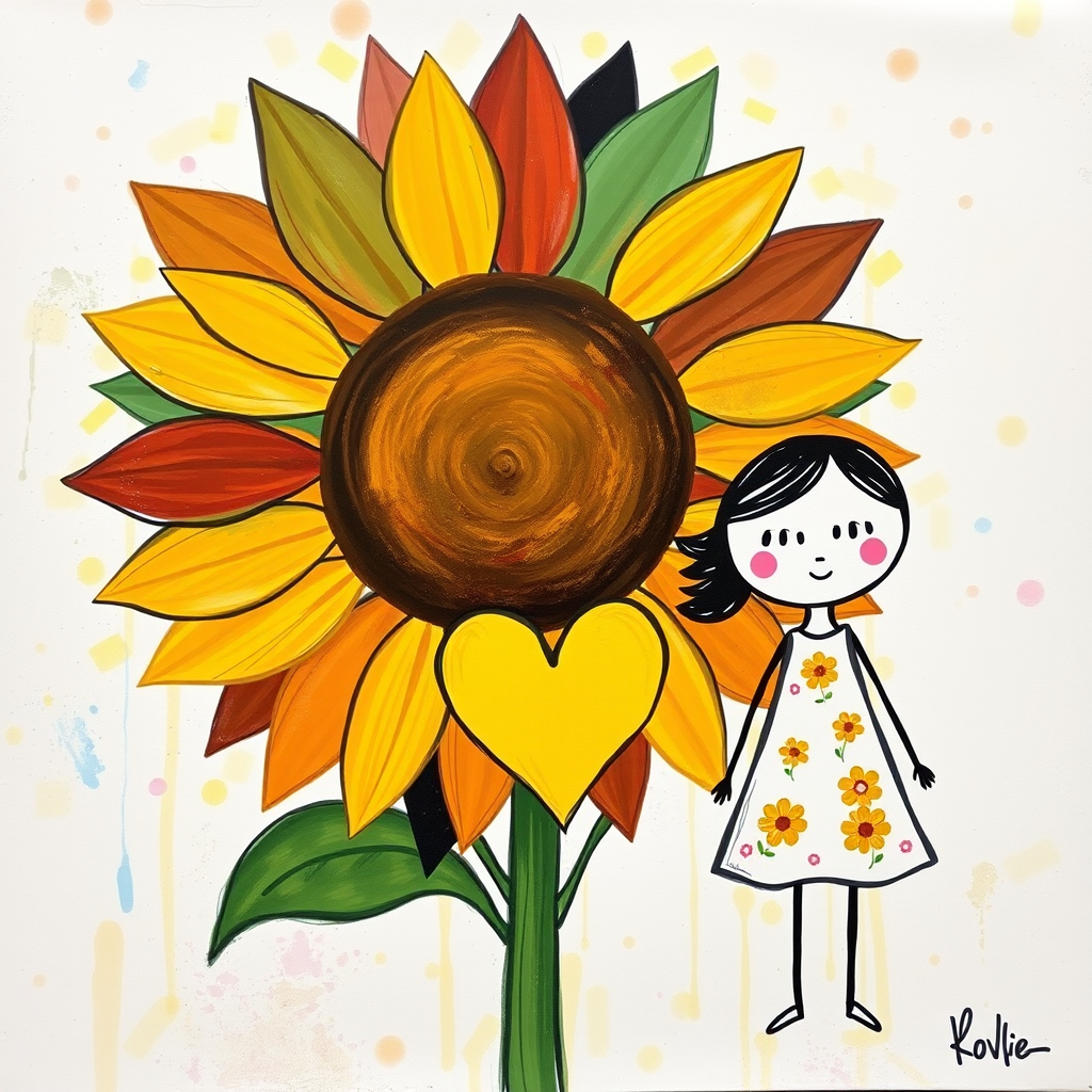 Stylized impressionism painting of a large sunflower with an oversized center and colorful petals. Beside, a young female character with eyes represented by dots and a mouth by a line, pink cheeks, hair attached, arms and legs a black line, flowery white dress triangle shape. A yellow heart surrounded by a black line between the two. Textured background with touches of colorful paint. Childish style.