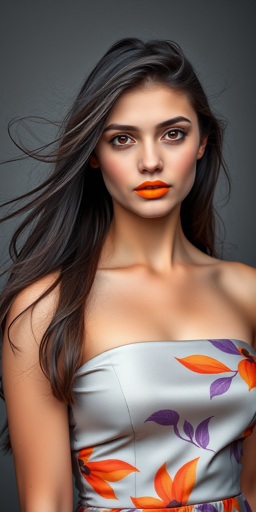 Photographic image of a beautiful young Kurdish woman, orange eyes, lips with Yellow lipstick, long hair fluttering in the wind and wearing a silk strapless dress with a soft purple and orange print. monochrome image with only color highlights in the iris of the eyes, lipstick and dress. Gray background.