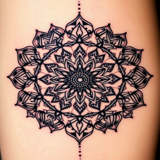 Dotwork mandala tattoo showcasing intricate patterns and sacred geometry, gradient shading creating depth and dimension, symmetrical design with meticulous attention to detail