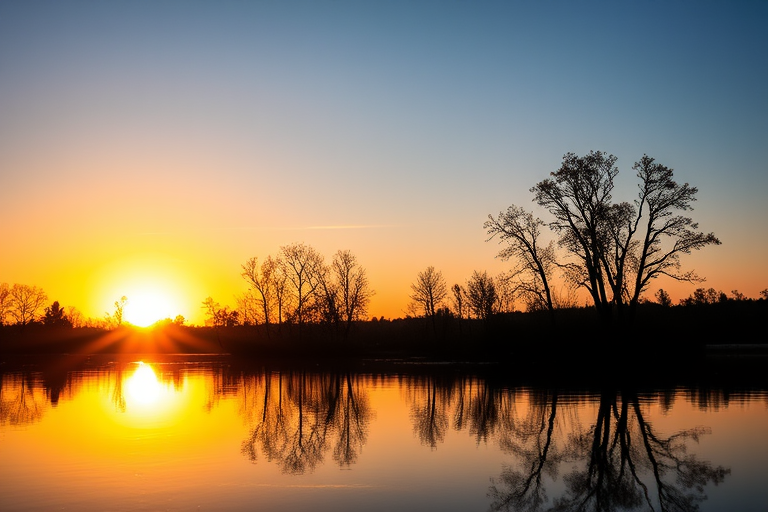 Capture a serene sunset over a calm lake, with silhouetted trees reflecting on the water's surface, using a DSLR camera at f/8 aperture, ISO 100, shutter speed 1/200 sec, a wide-angle lens at 24mm, and a golden hour filter for enhanced warmth and clarity.