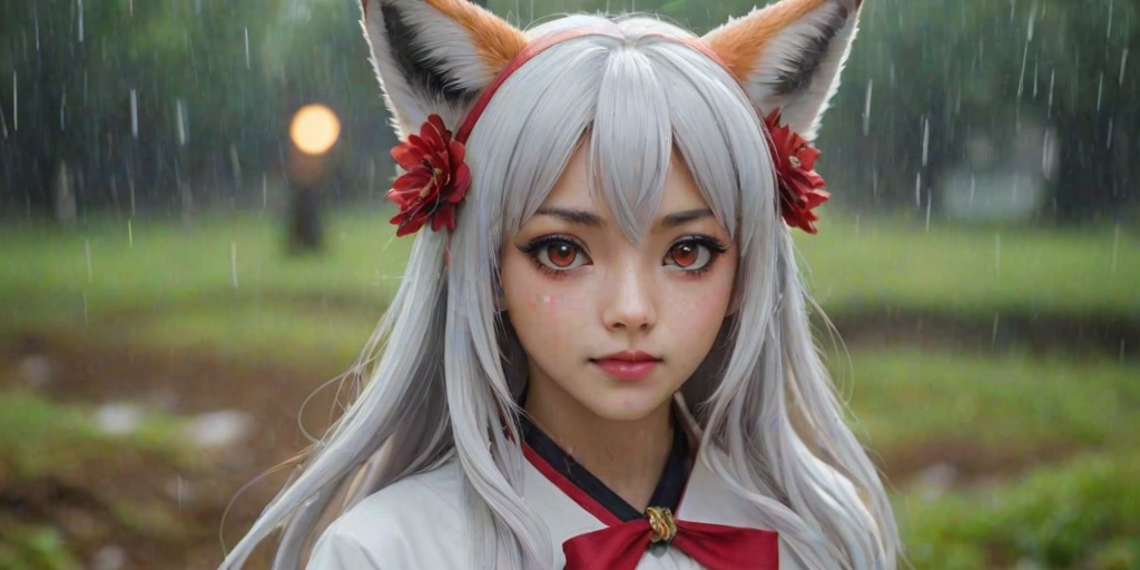 i want the whole image to be created in 3D anime style, 1girl, solo, long hair, looking at viewer, bangs, hair ornament, red eyes, ribbon, animal ears, flower, white hair, parted lips, japanese clothes, hair flower, blurry, from side, animal ear fluff, looking to the side, fox ears, bell, depth of field, blurry background, facial mark, thick eyebrows, slit pupils, fox girl, portrait, jingle bell, rain, sideways glance, whisker markings