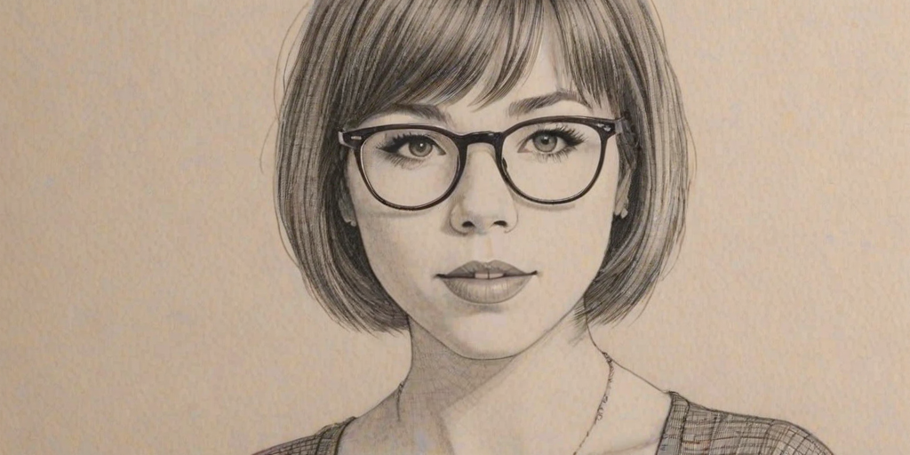 Delightful Carly Rae Jepsen, pencil sketch, portrait of Charming woman 1959s in glasses, hair style beatnik, outline, clear lines, fine lines, 8k