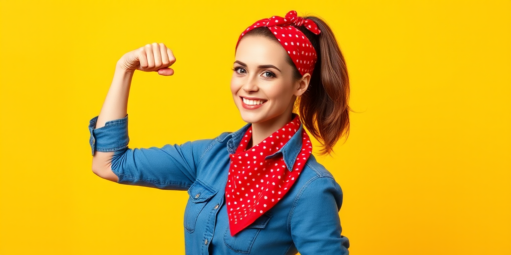 Create an image of a strong woman with a red polka dot bandana and blue work shirt, flexing her bicep against a vibrant yellow background, using a DSLR camera at f/8, ISO 100, 50mm lens, in bright daylight with a portrait view.