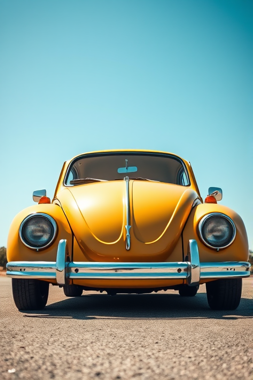 Generate an image of a vintage gold Volkswagen Beetle facing forward with a sunny, clear blue sky background, using a DSLR camera at f/8 aperture, 1/250s shutter speed, ISO 100, in high dynamic range style, and a 35mm lens for sharp detail.