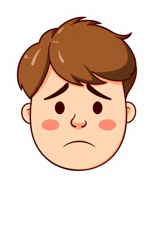 Create an illustration of a round face with sad features, short brown hair, a frown, and simple cartoon styling, using a DSLR camera with a 50mm lens, f/2.8 aperture, ISO 100, and soft natural lighting.