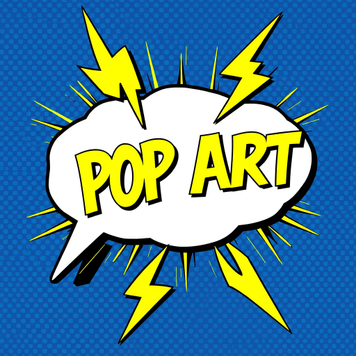 Create a vibrant pop art poster featuring the text "POP ART" in bold yellow letters inside a white speech cloud, with dynamic lightning bolts on a bright blue dotted background, captured using a DSLR camera at f/4, ISO 100, and a wide-angle lens to enhance color saturation and clarity.
