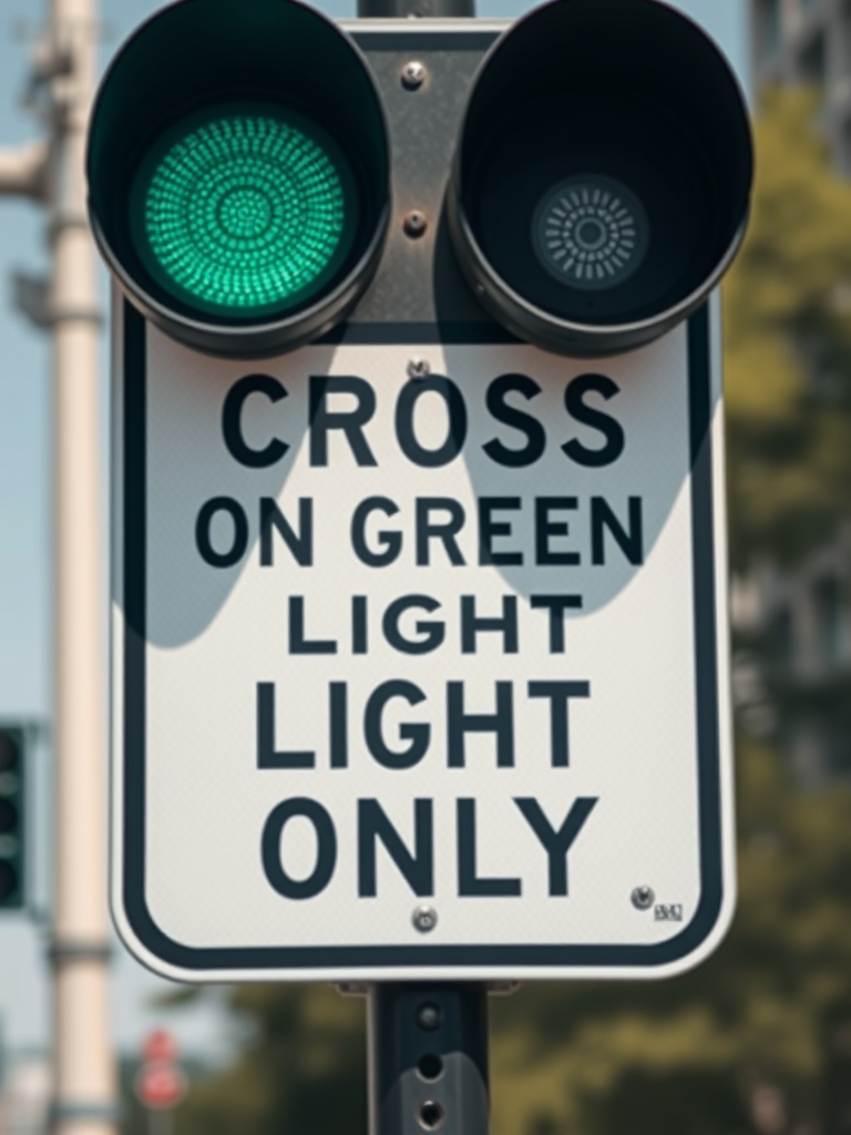Create an image of a traffic sign that says "CROSS ON GREEN LIGHT ONLY" in clear bold letters, using a DSLR camera with a 50mm lens, aperture set to f/1.8, shutter speed 1/250s, ISO 100, shot from eye level with natural lighting, ensuring high contrast and sharp focus on the sign against a blurred background.