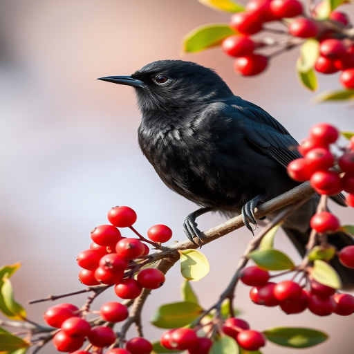 Capture a close-up of a blackbird perched on a branch filled with bright red berries, using a Canon EOS 5D Mark IV, 85mm lens, f/2.8 aperture, ISO 200, with a shallow depth of field and natural lighting to enhance detail and vibrancy.