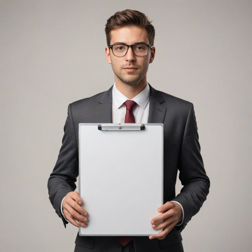 Create an image of a professional individual in a business suit, holding a large blank whiteboard in front of their face. The background should be neutral to emphasize the person and the blank board. Make sure the person's hands are visible, and they are positioned at mid-chest level, showcasing the blank space clearly.