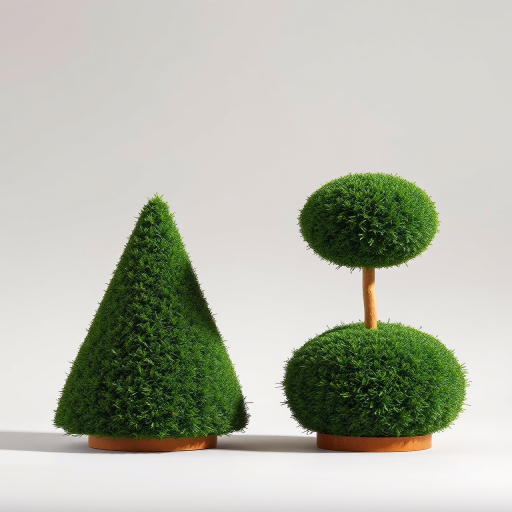 Generate a high-resolution image of two topiary shapes, one conical and one spherical, set against a neutral background, captured with a DSLR camera at f/2.8 aperture, ISO 100, 1/200 sec shutter speed, using a 50mm lens for a shallow depth of field.
