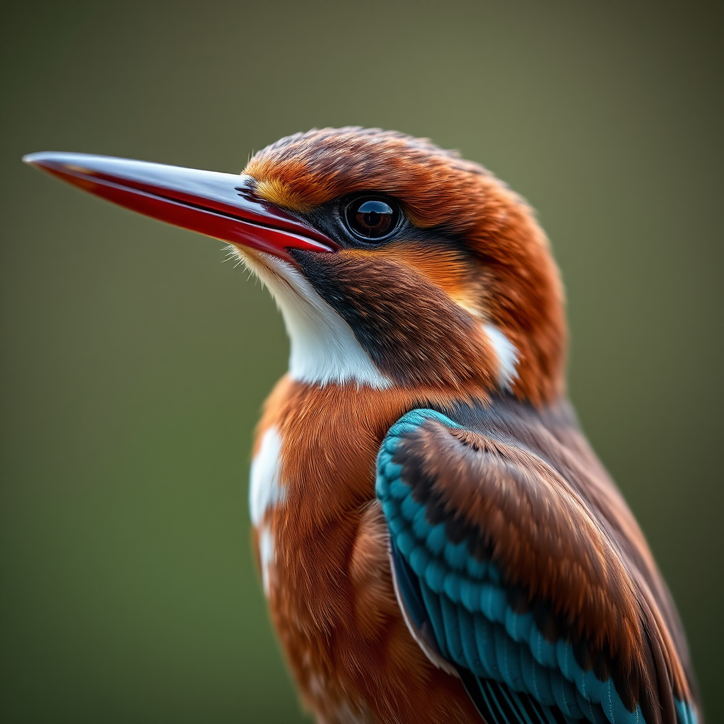 Photograph a close-up of a kingfisher with intricate detail, using a Canon EOS R5, 85mm lens, aperture f/1.8, ISO 100, shutter speed 1/200s, with a shallow depth of field and soft bokeh background for enhanced image quality.