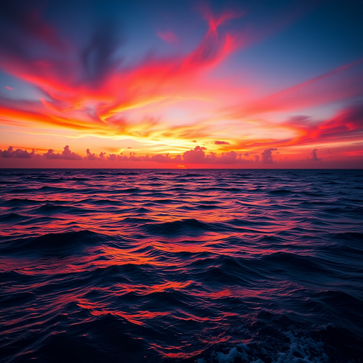 A vibrant sunset over the ocean with silhouette reflections on the water, taken with a Canon EOS R5, 24mm lens, f/11, ISO 100, in HDR style, wide-angle view.