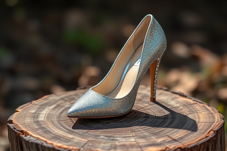 Capture a high-resolution image of a sparkling silver high-heeled shoe resting on a wooden stump, using a 50mm lens at f/1.8, ISO 100, with soft natural lighting and a shallow depth of field to enhance detail and focus on the shoe.