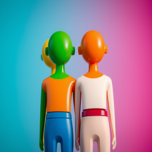Create an image of four stylized, colorful figures standing together, using a Canon EOS 5D Mark IV, 50mm lens, f/1.8 aperture, 1/200 shutter speed, ISO 200, with a shallow depth of field and vibrant colors.