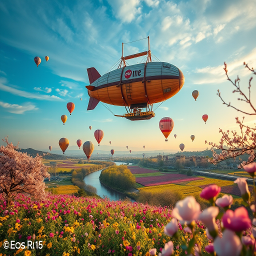 A vibrant landscape featuring a whimsical steampunk airship soaring over lush flower fields and pastel-colored hot air balloons, with cherry blossom trees and a picturesque river, taken with a Canon EOS R5, 24mm f/1.4 lens, f/8 aperture, ISO 100, golden hour lighting, wide-angle perspective, high dynamic range.