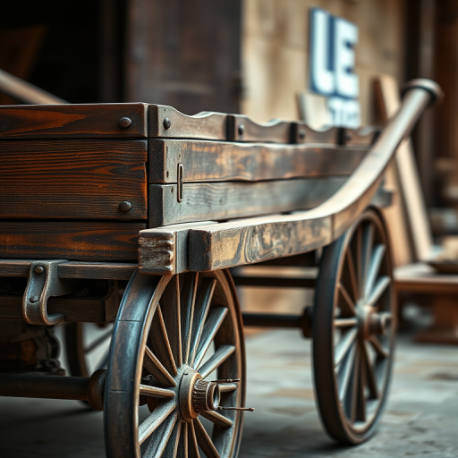 Generate a highly detailed image of a vintage wooden cart with a long handle, shown from a slightly elevated angle, using a DSLR camera set to 50mm lens, f/2.8, ISO 100, and a shallow depth of field for a soft background.